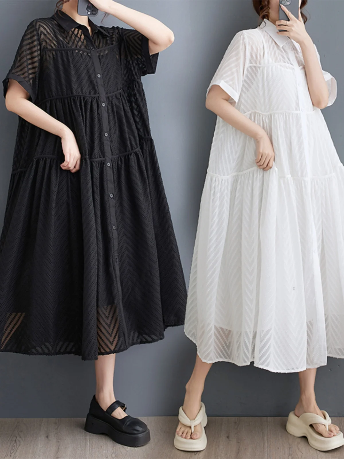 فستان صيفي 2025 للنساء فضفاض وعصري بتصميم مفرغ بلون واحد مع طقم من قطعتين على الطراز الكوري الفني بمقاسات كبيرة