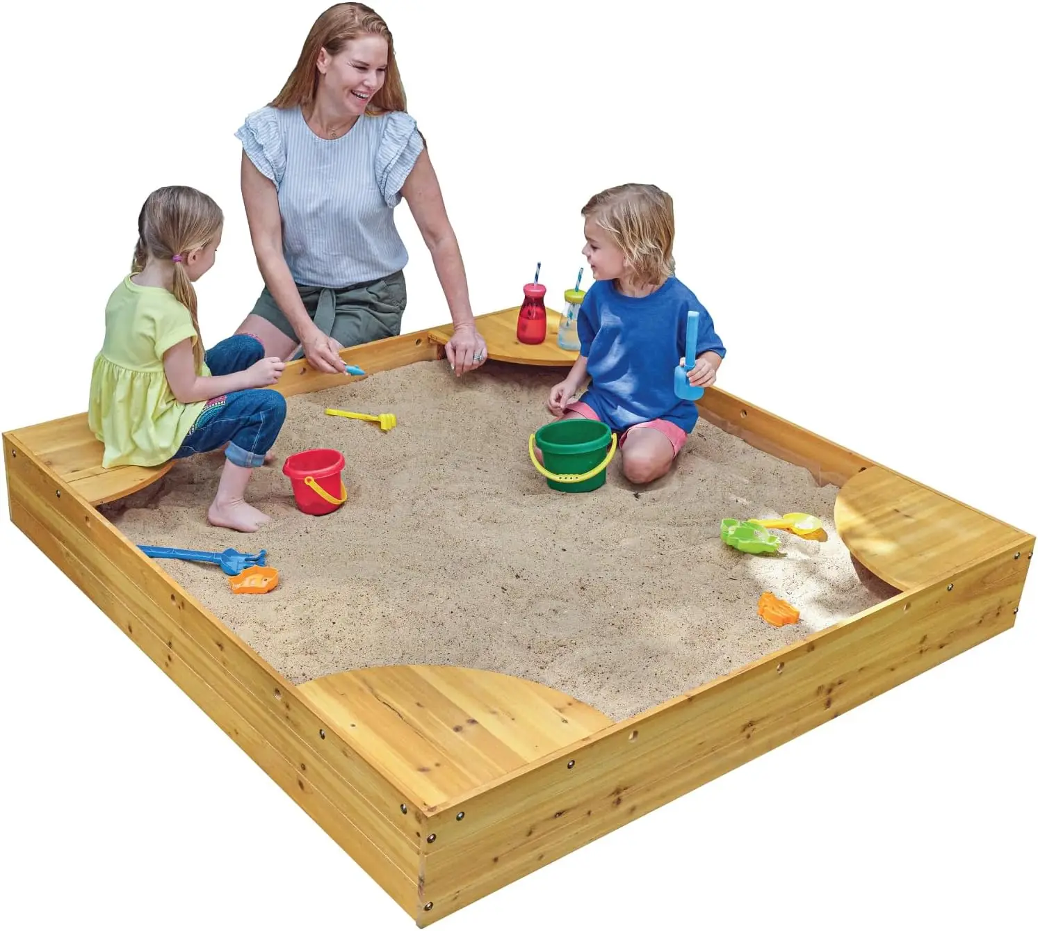 

KidKraft Wooden Backyard Sandbox with Built-in Corner Seating and Mesh Cover, Kid's Outdoor Furniture, Honey, Gift for Ages 2-8