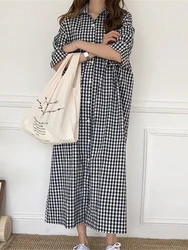 Summer Women's Cotton Linen Dress Fashion Plaid Dress Lapel Shirt Dress Women's Long Dress Loose Casual Dresses for Women 2023