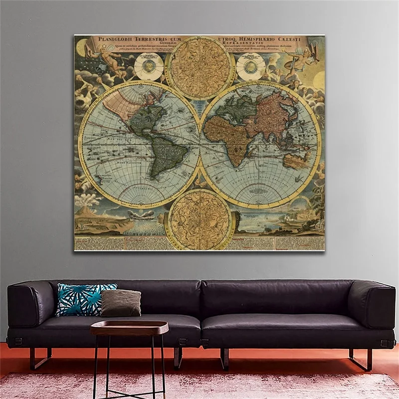 Pintura en lienzo con mapa Retro del mundo para niños, Póster Artístico de pared Vintage, decoración del hogar para sala de estar, suministros escolares, 60x60cm