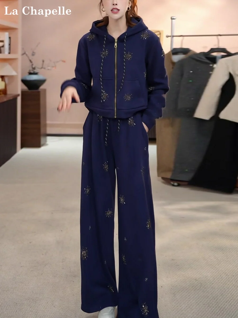 

La Chapelle Casual Sportswear Set Women's Heavy Embroidery Blue Hoodie Two-Piece Set Spring Autumn Winter High Waist Long Pants