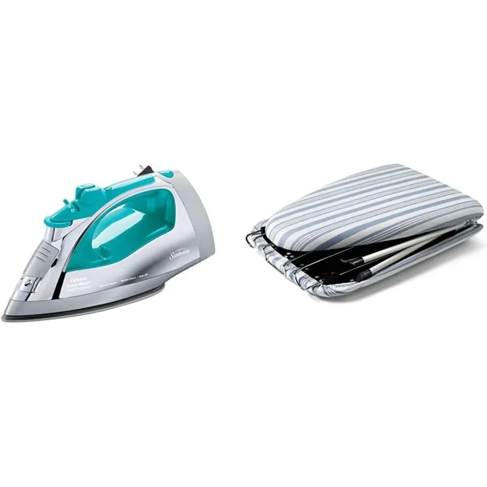 1400W Steam Iron with Shot of Steam Feature and Retractable Cord & Foldable Tabletop Ironing Board with Iron Rest, Blue Stripe