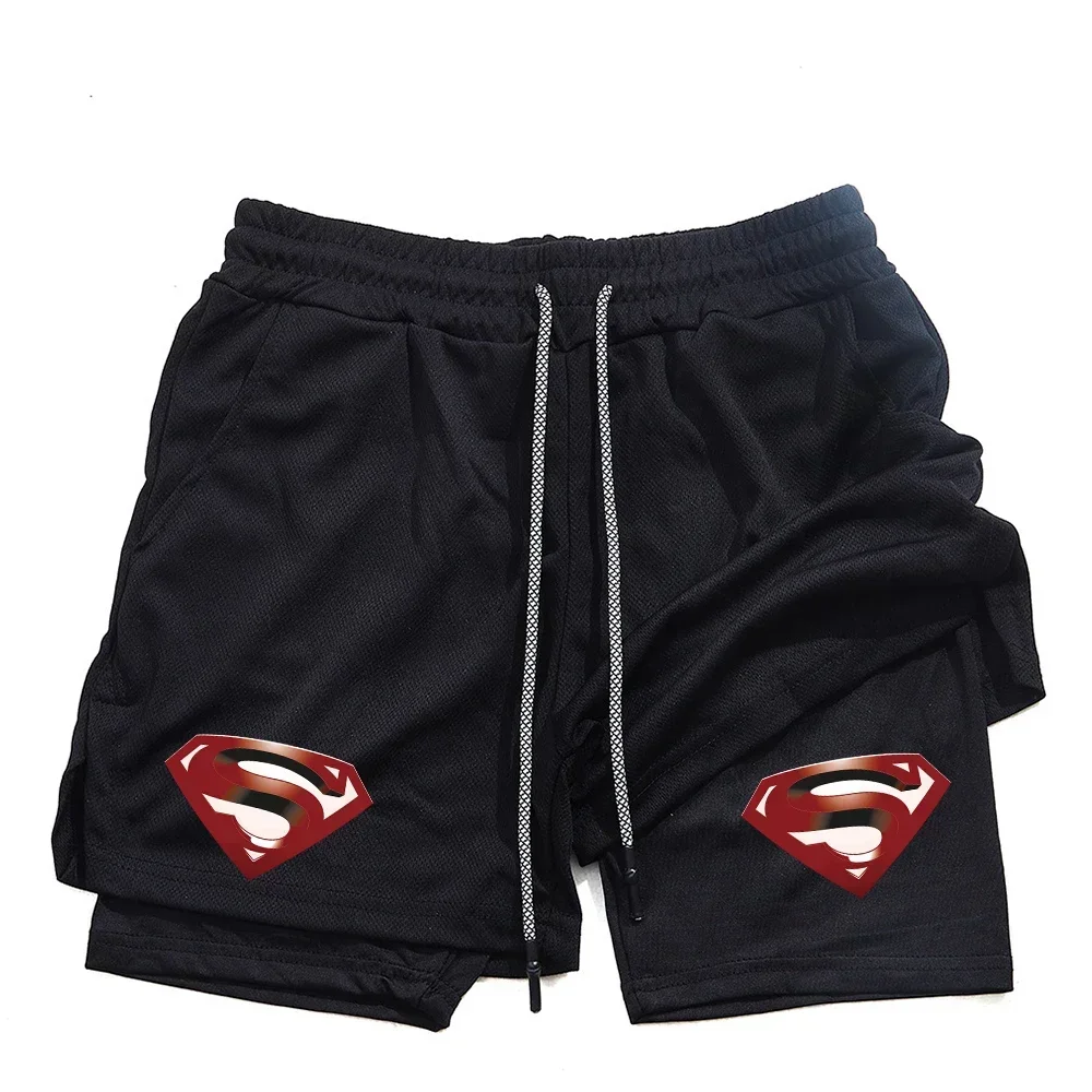 

Men's Superhero Print 2-in-1 Running Workout Sport Mesh Shorts with Phone Pocket And Towel Loop Gym Performance Fitness Apparel