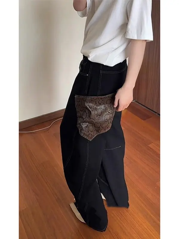 

Мужские джинсы с принтом под змею и вставками из денима, широкие брюки прямого кроя в стиле High Street, повседневные летние джинсы