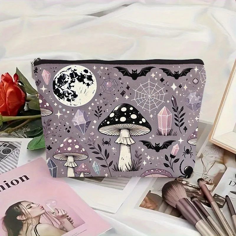 A Mystery mushroom and bat patterned makeup bag - cute multifunctional zipper pouch for women, jewelry storage bag view 2