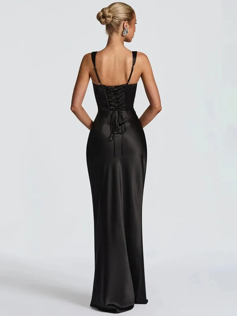 2025 Fashion Satin Backless Sexy Maxi Dress Women Elegant Halter Off-shoulder Sleeveless Lace-up Bodycon Club Party Long Dresses