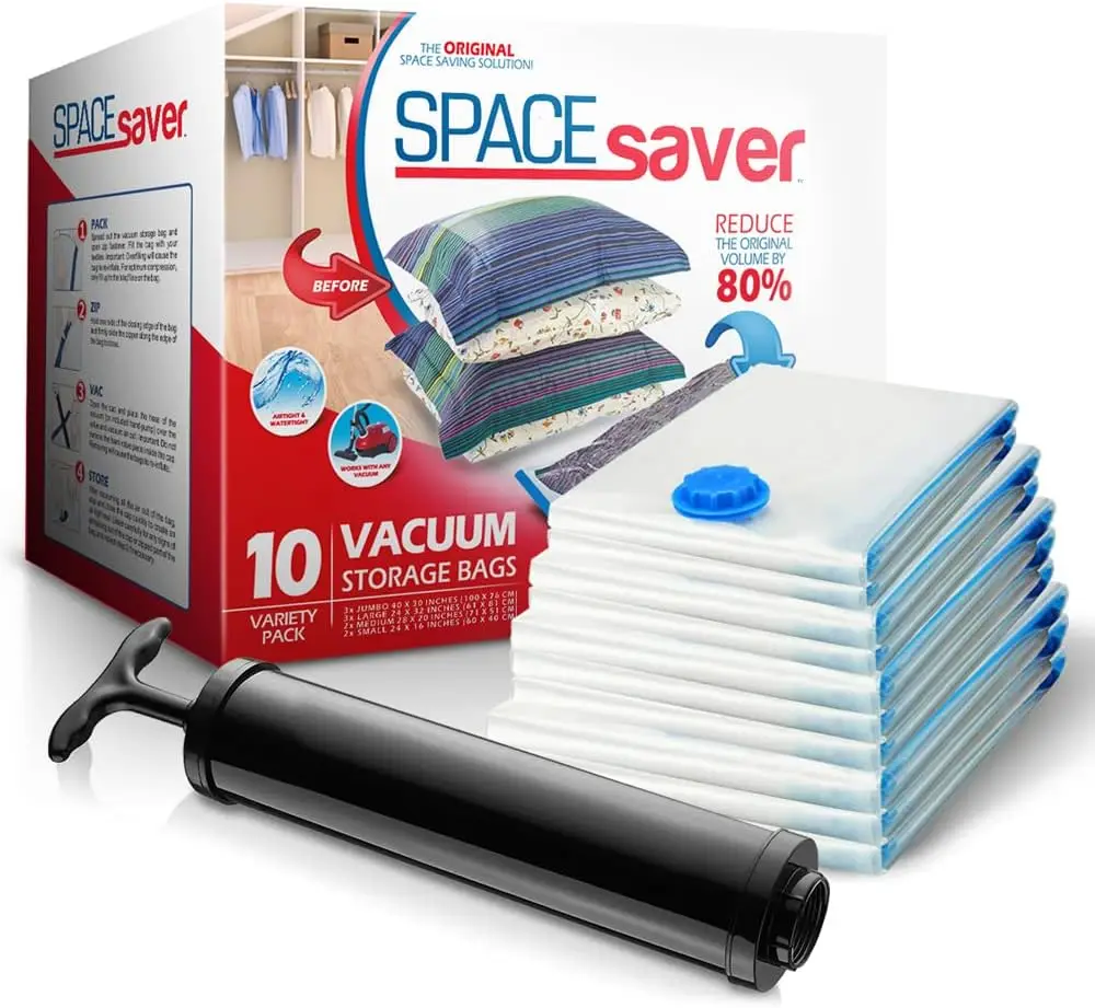 

10-Pack Vacuum Storage Bags for Bedding, Clothes & Travel - Space Saver Compression Bags with Hand Pump
