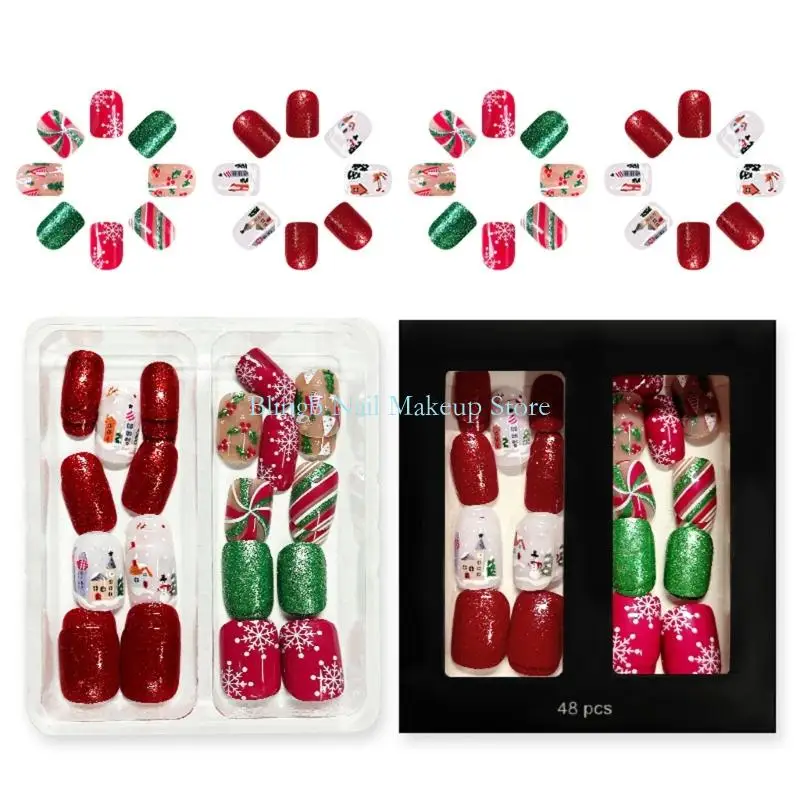 28TA Holiday Press On Glitters French Tip Square False 48Pieces/ Set Christmas Party Red Green Winter Design