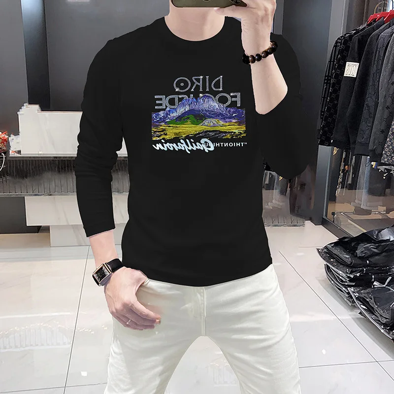 Men Long Sleeve T-Shirt Mountain Graphic Rhinestone Letter Crew Neck Slim Fit Top Casual Undershirt Fashion Streetwear Clothing