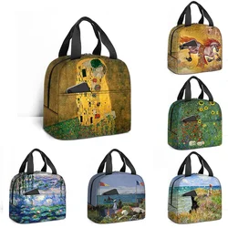 Oil Painting For Kiss By Gustav Klimt Print Insulated Lunch Bag for Women Waterlily Claude Monet Food Container Picnic Lunch Box