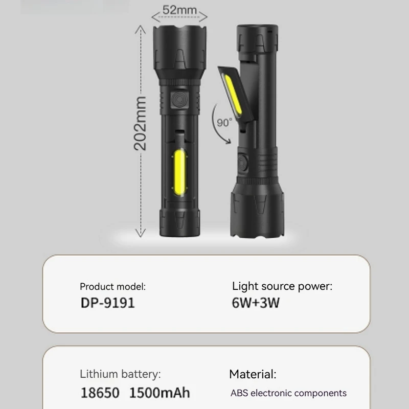 USB ชาร์จไฟฉาย LED Zoomable EDC ไฟฉาย COB ด้านข้างทํางานโคมไฟกันน้ําไฟฉุกเฉินกลางแจ้ง