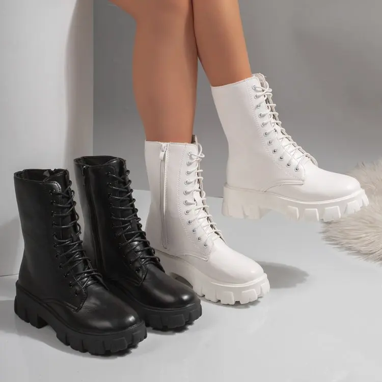 Weiße Plateau-Kampfstiefel für Damen mit Schnürung und seitlichem Reißverschluss, modische Stiefel in mittlerer Wadenhöhe – Detail 10