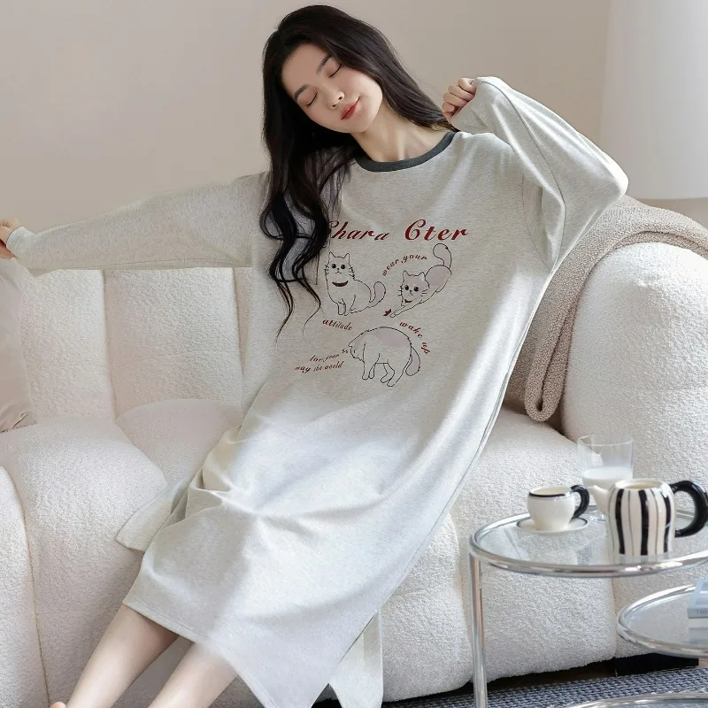 

Comfotable Long Sleeve 100% Cotton Print Nightgowns for Women Korean Loose Sleepwear Night Dress Nightdress Ladies Home Nighty