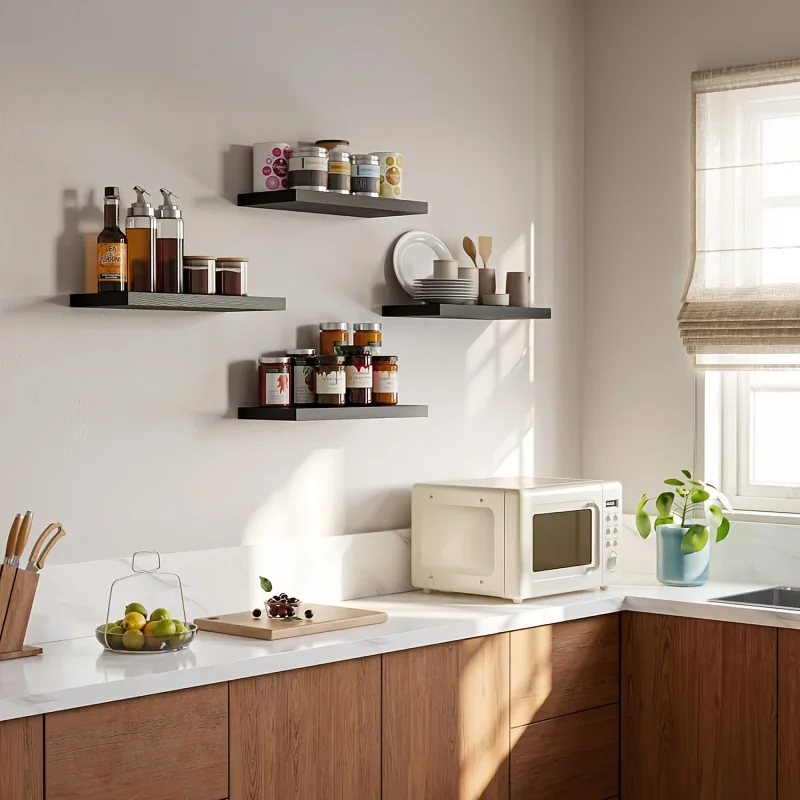 Wooden Hanging Storage Rack Invisible Brackets Wall Mounted Hanging Wall Shelves Rectangular Detachable Floating Shelves Kitchen