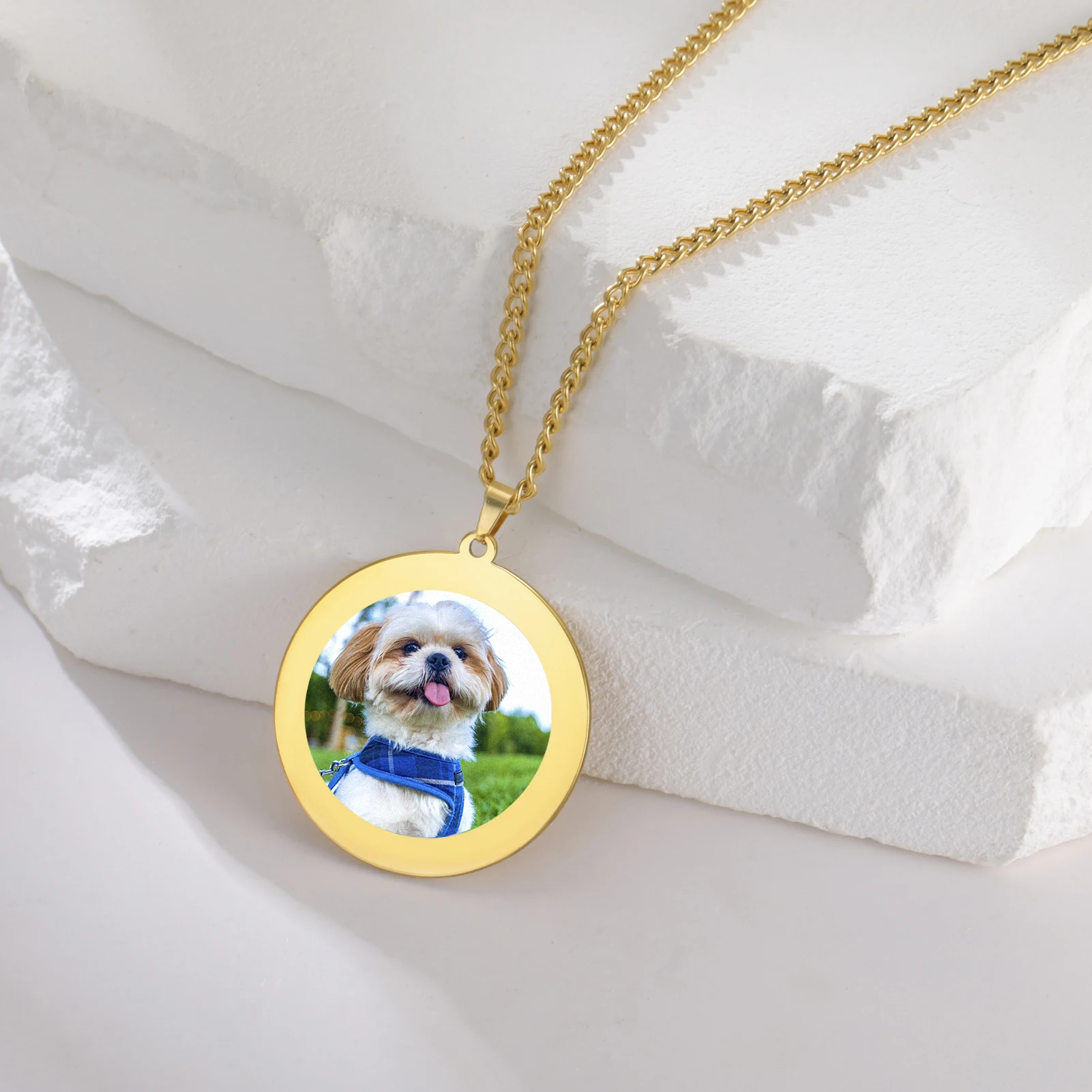 Customized Photo Circular Necklace Stainless Steel Single-Sided Photo Necklace Personalized Pet Family Commemorative Gift