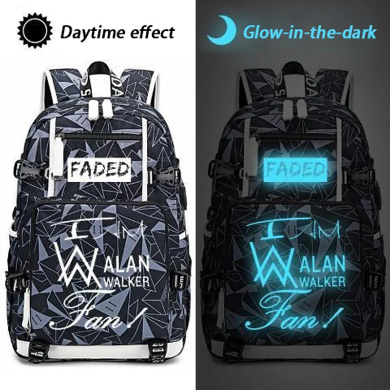 Malha respirável, com USB, brilham no escuro, preto laranja amarelo cinza, Alan Walker, AlanWalker, bolsas escolares, mochilas de anime para meninos e meninas