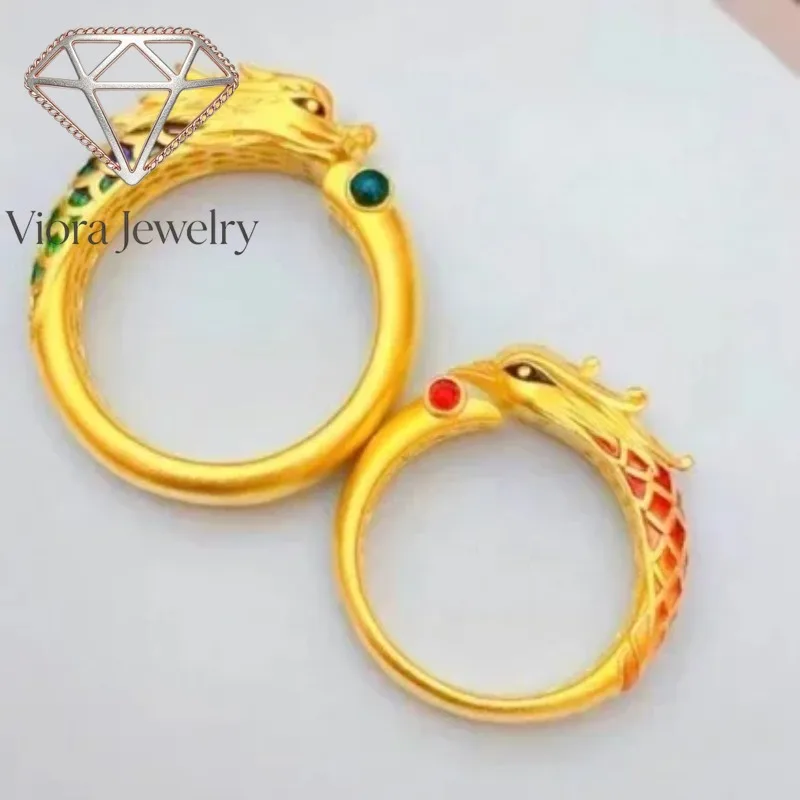 Viora Jewelry Ancient AU999 gold enamel dragon and phoenix couple ring 24K pure gold ring female high value design fashion zodia