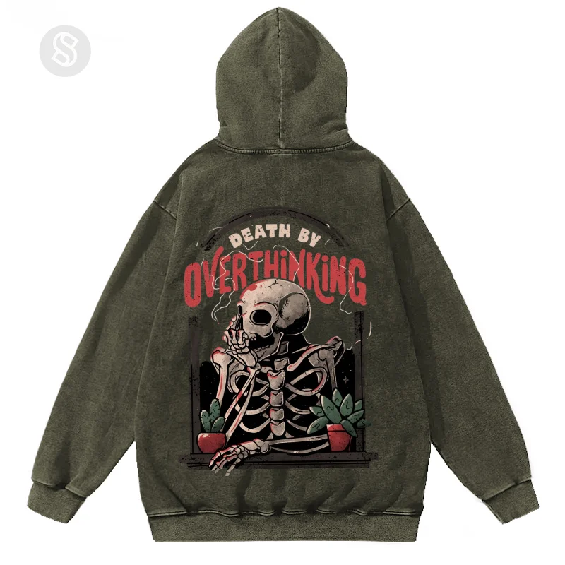 Washed Hoodies For Men, Overthing Skull Man Graphic Print Streetwear Men's clothing, 100% Cotton Long Sleeve Hooded Sweatshirts