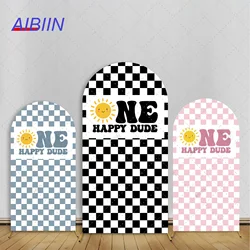 One Happy Dude 1st Birthday Arch Backdrop Cover, Cute Sun Black/Blue/Pink/Purple Grid Checker Kids Party Decor Background