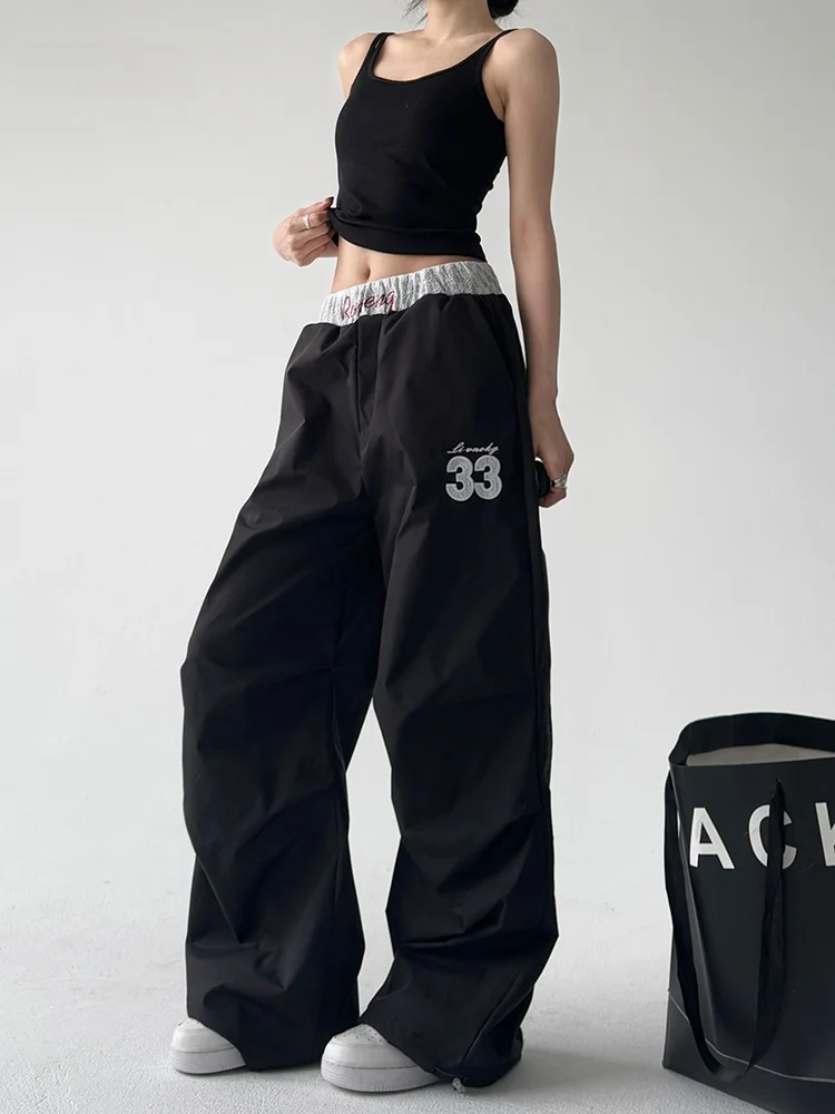 

Широкие повседневные брюки в американском стиле ретро, женские свободные утягивающие простые осенние новые кружевные спортивные длинные брюки