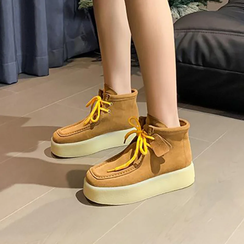 

Branded Platform Women's Sneakers High-quality Genuine Leather Comfort Ankle Boots Stylish Square-toe Lace-up Versatile Shoes