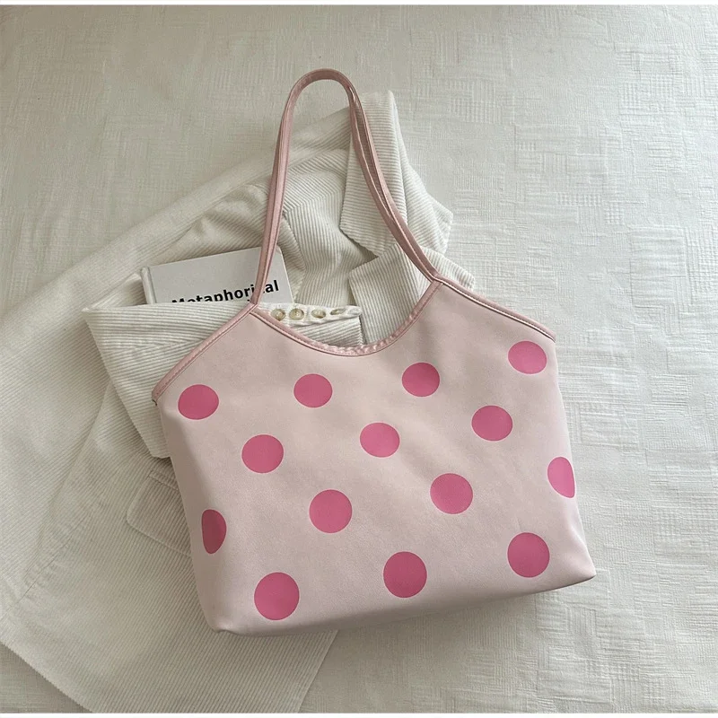 Koreanische Schultertasche mit Polka-Dot-Muster, Vintage-Kunsthandwerkliche Canvas-Tragetasche für Damen, lässige Alltagstasche mit Henkel. – Detail 11