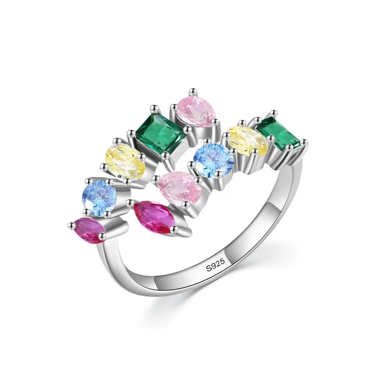 

Women S925 Sterling Silver Rainbow Zircon Opening Geometric Design Ring