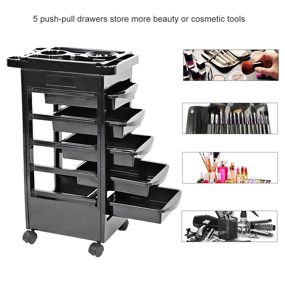 Beauty Salon Trolley Cart Plastic Salon Rolling Cart for Stylist with 5 Removable Drawers & Dryer Holder for Barbershop