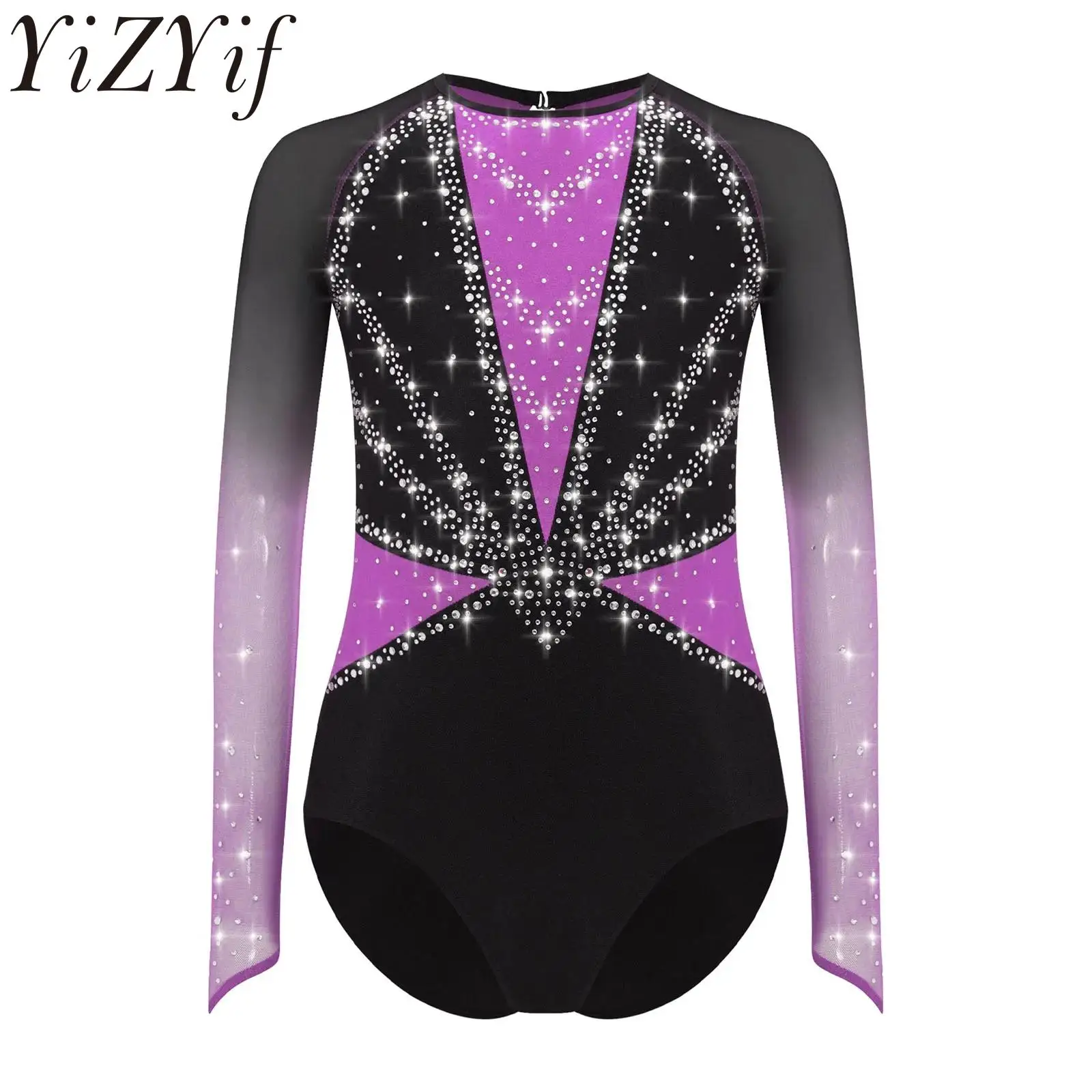 Kids Girls Ballet Gymnastics Leotard Modern Dance Performance Costume Mesh Inserts and Rhinestone Trims Ice Skating Bodysuit