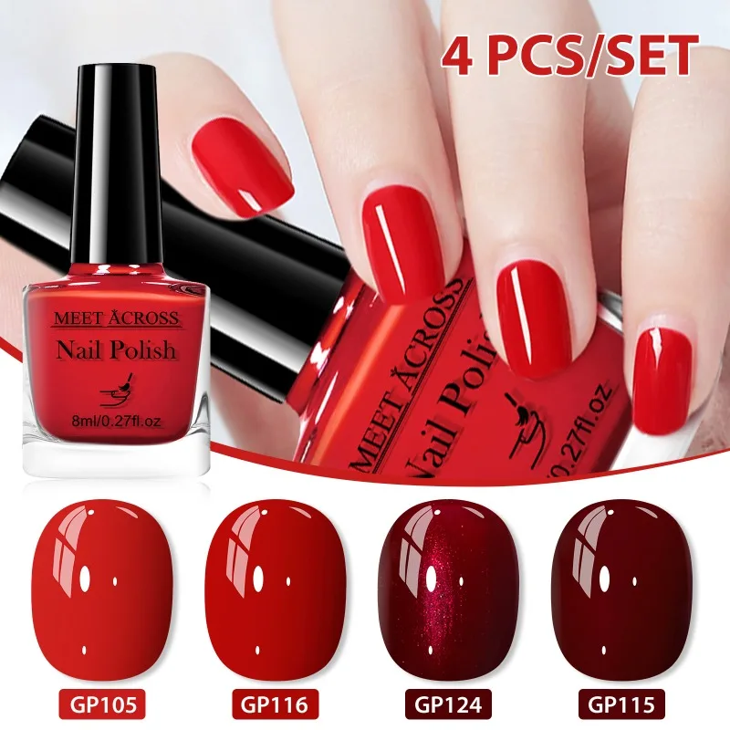 4pcs 8ml Pink Brown Glass Bottle Gel Nail Polish Set NoWipe Top Soak Off UV LED Nail Lacquer Glitter Color Art Nail Polish