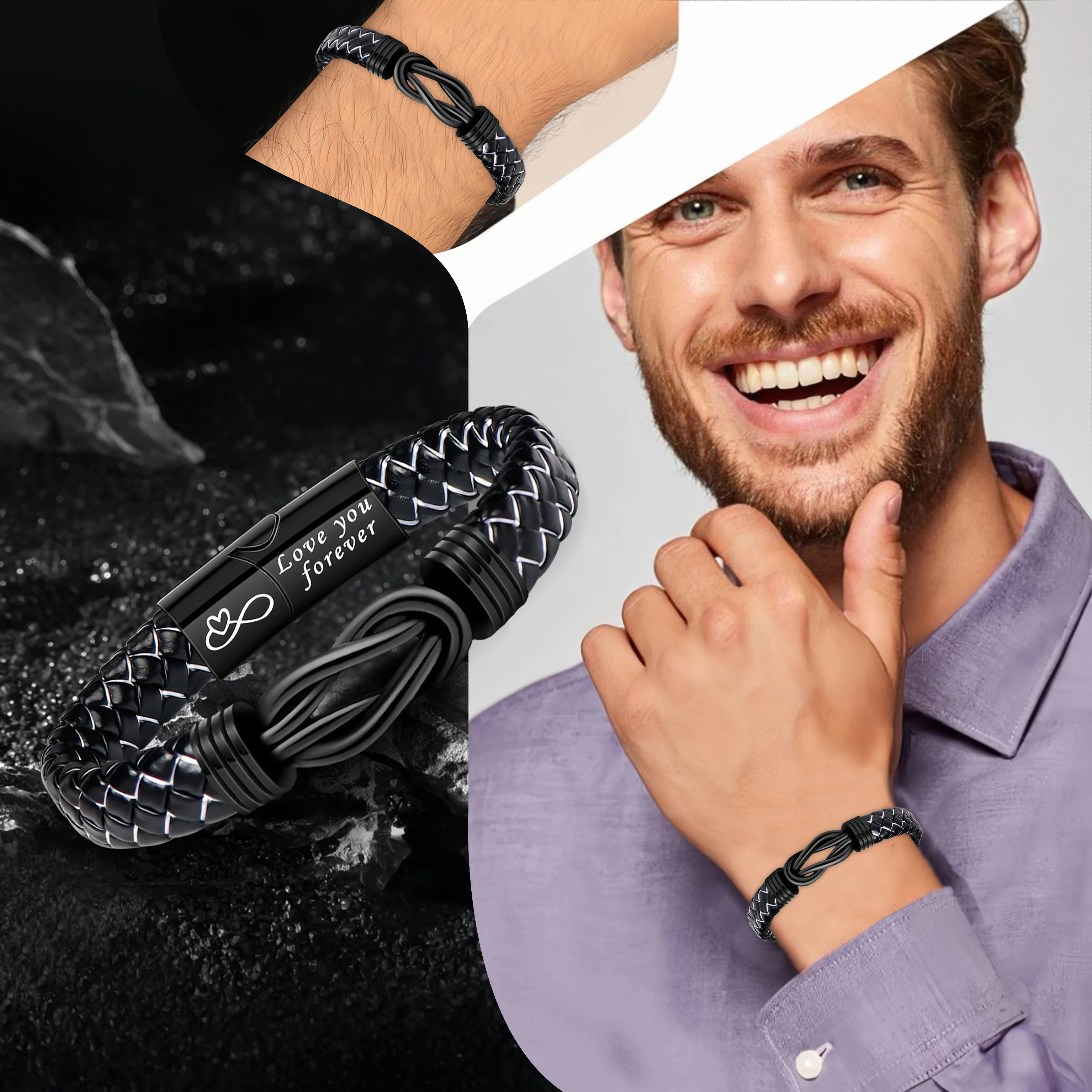 قطعة واحدة من سوار مغناطيسي جلدي مخصص للرجال - هدية منقوشة للزوج/الصديق مع بطاقة #4