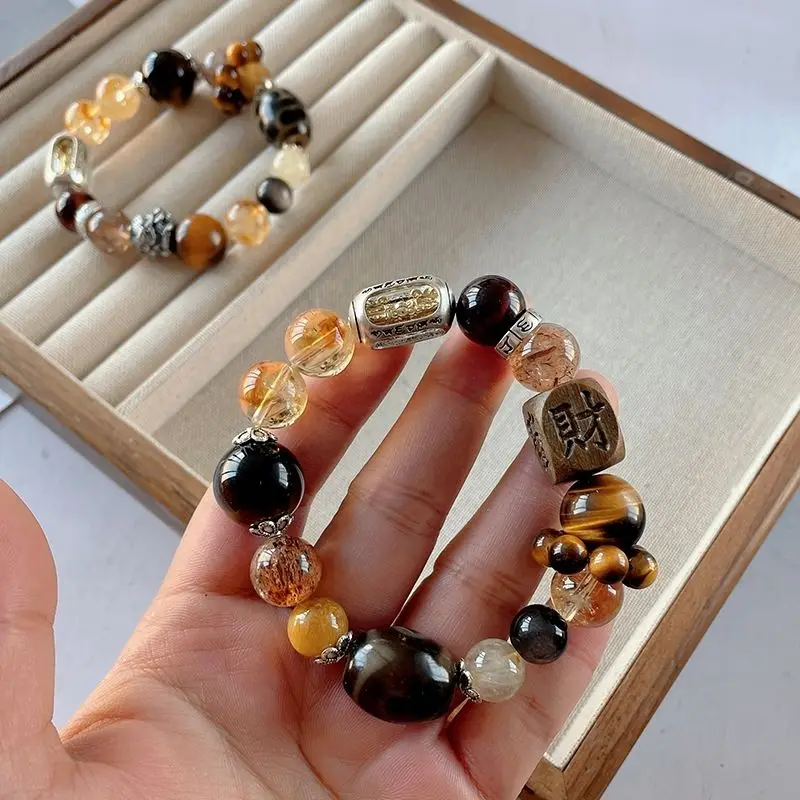 Qian Tu Wumian Jin Ba Da Comprehensive Crystal Bracelet Natural Yellow Tower Crystal Yellow Tiger Eye Lucky Couple Jewelry