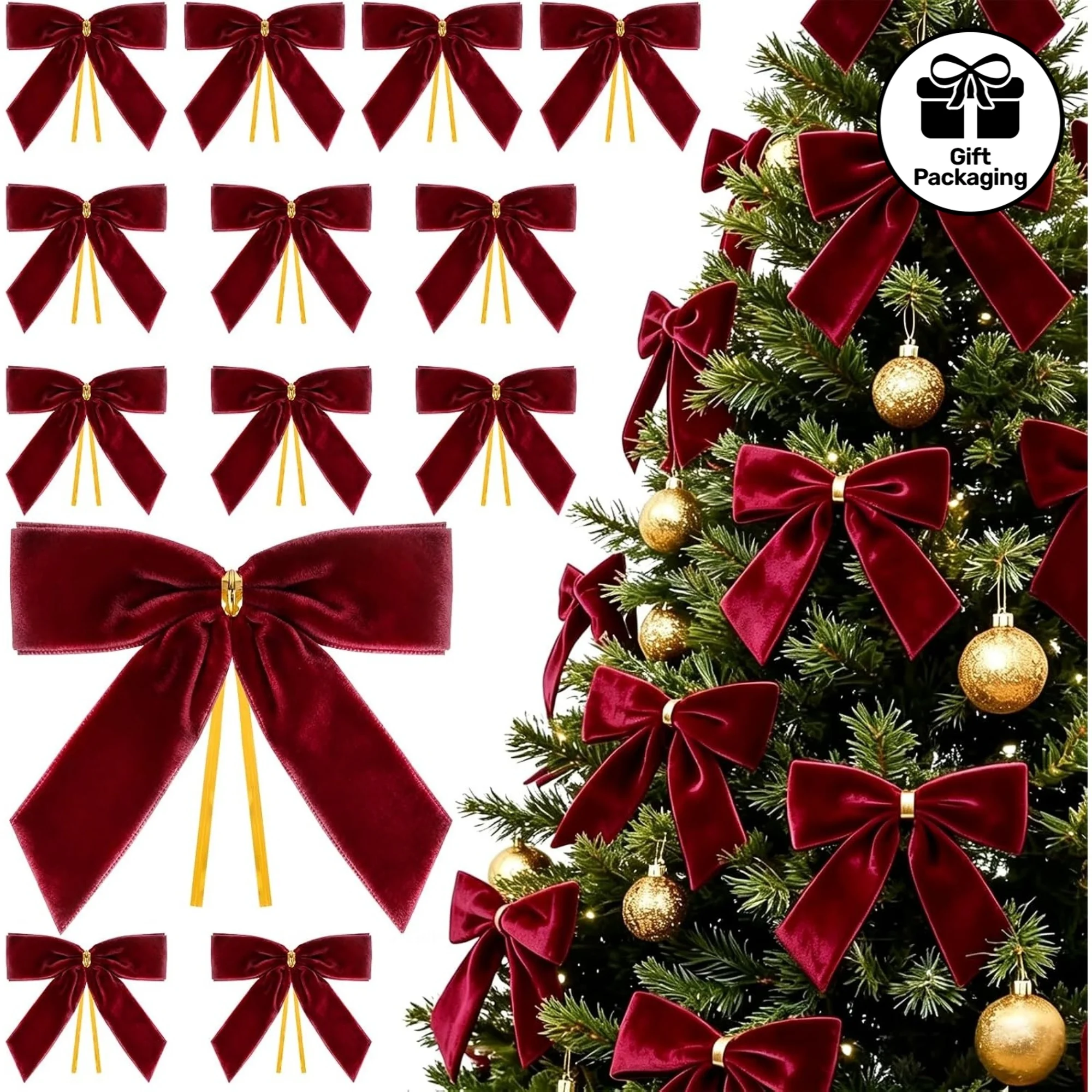 22Pcs Burgundy Velvet Bows for Christmas Tree Vintage Velvet Ribbon Bows Holiday Ornaments Xmas Decor Gift Wrapping Wedding
