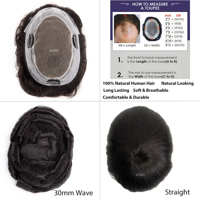 Australia Toupee With Clips Male Hair Prosthesis French Lace & Pu Base Clip-On Men's Wigs Replacement Natural Human Hair Systems