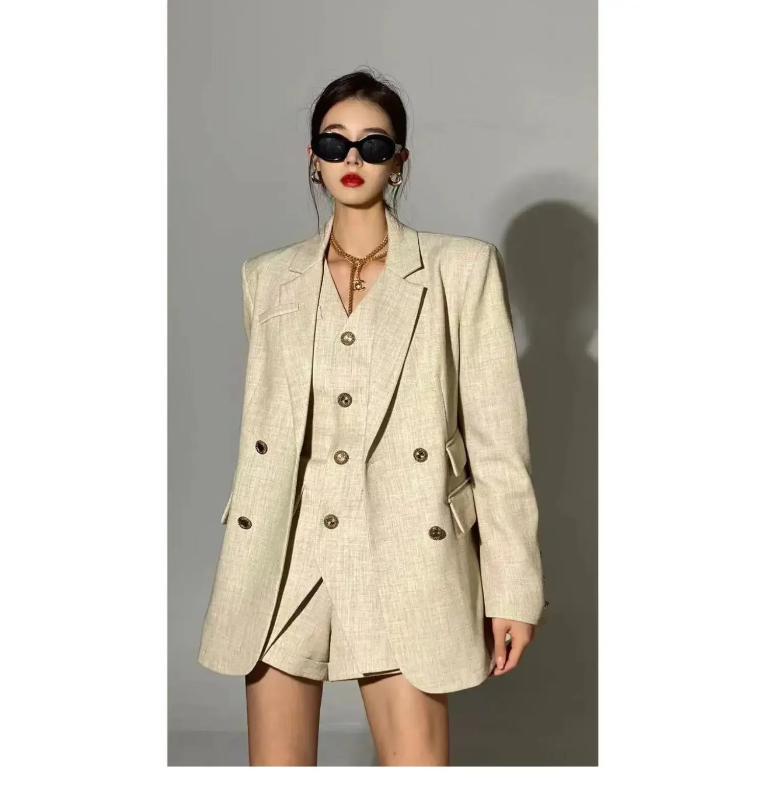 2024 Women\'s Blazer and Vest and Shorts Three Pieces Set Jacket Suits Korean Fashion Office Ladies Clothing for Spring Winter