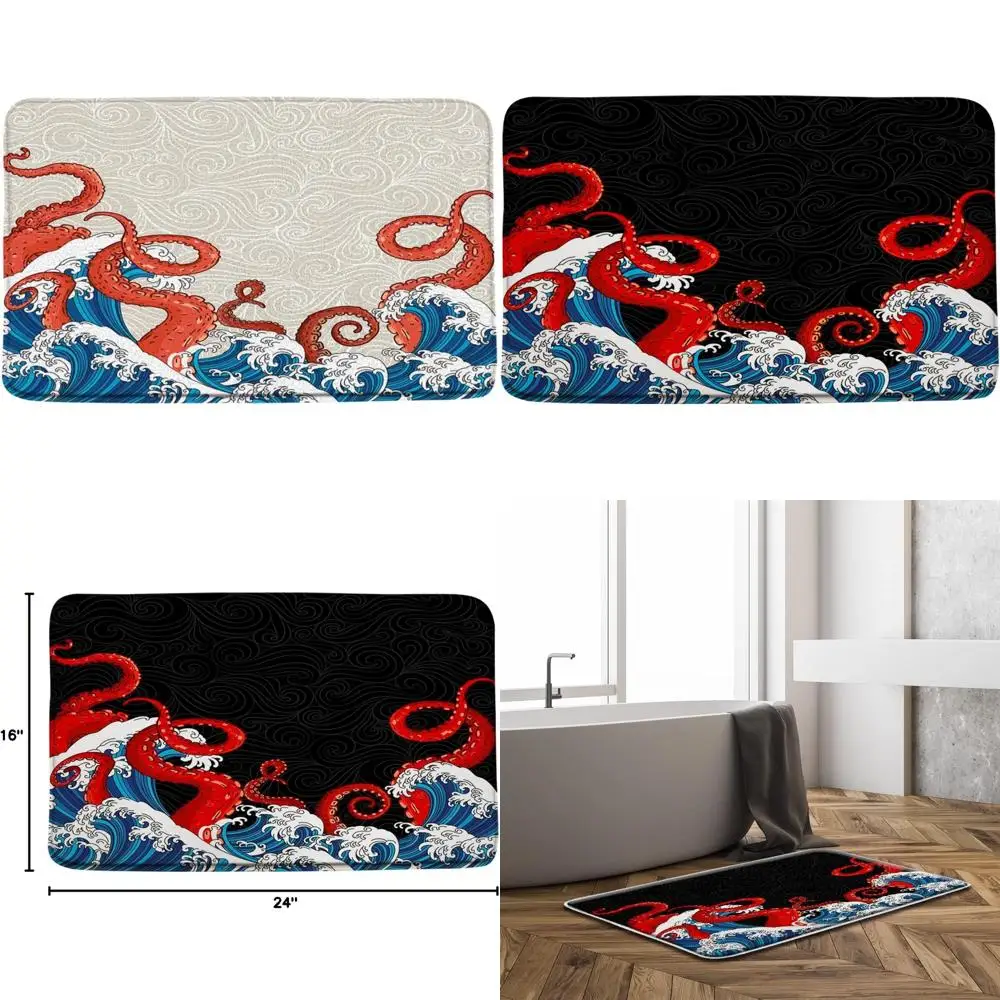 

red kraken tentacles ocean wave bath mat - modern nautical microfiber art
