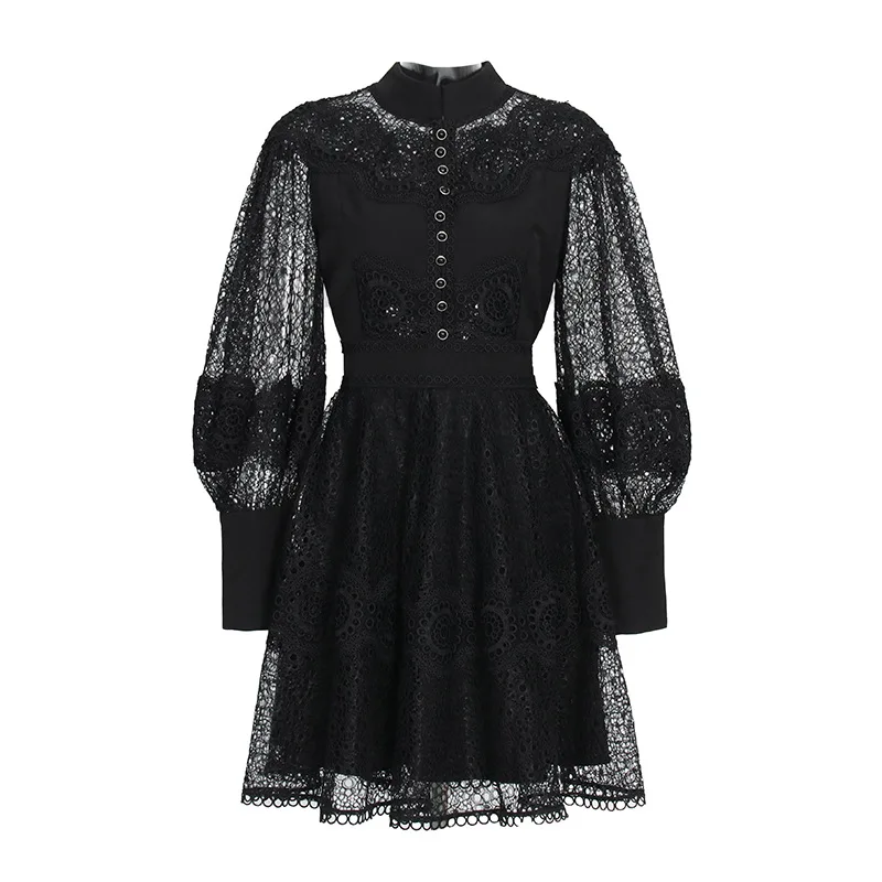 Autumn French court style embroidery stand collar mesh lace perspective splicing design short dress