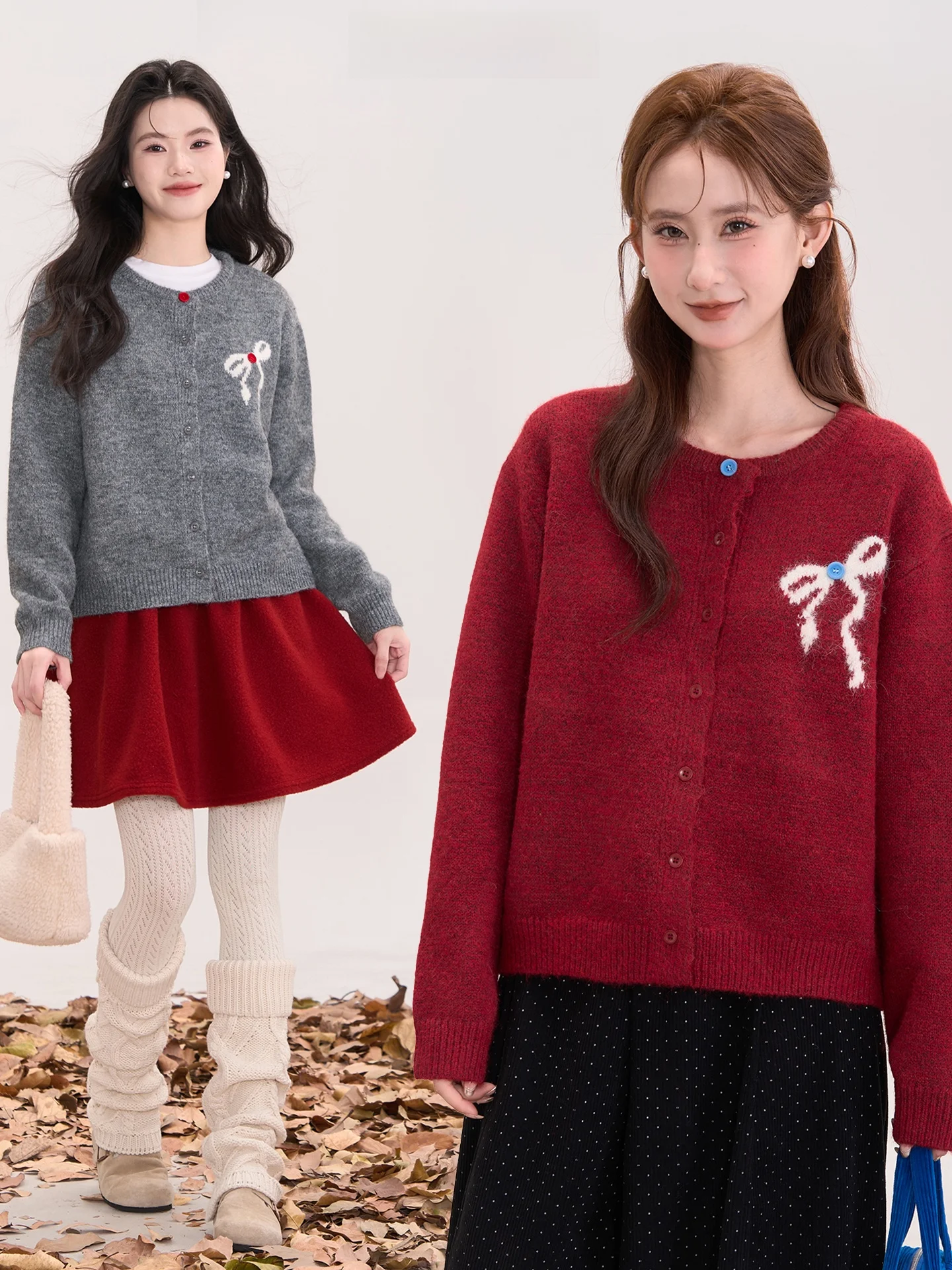 

Romantic Casual Contrast Color Knot Button Open Cardigan Knitted Sweater Women Winter Loose Fit Warm round Ne