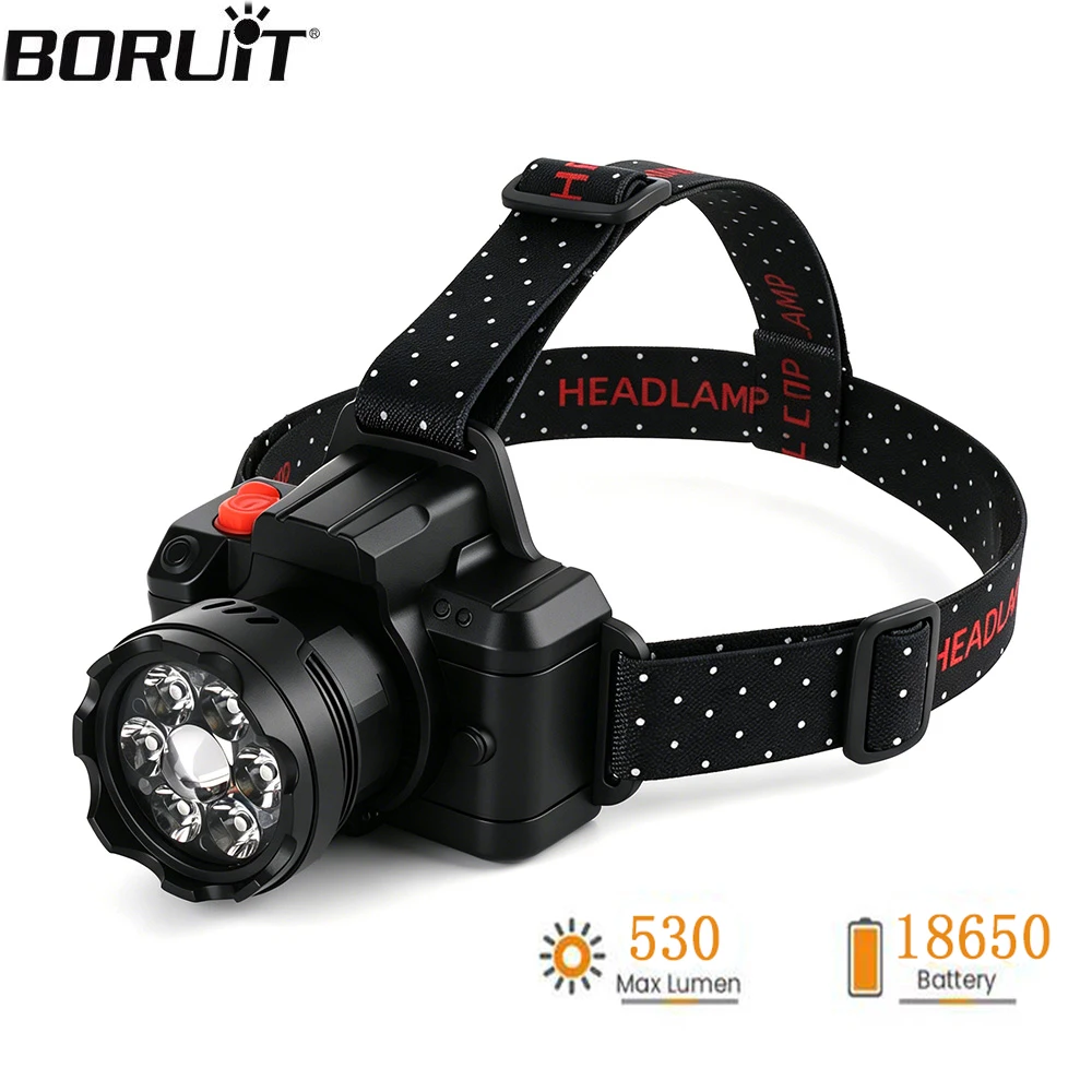 BORUiT LED-Stirnlampe mit Bewegungssensor, 530 lm, 6 Modi, wiederaufladbarer USB-Scheinwerfer, Digitalanzeige und Powerbank, Camping- und Angellicht