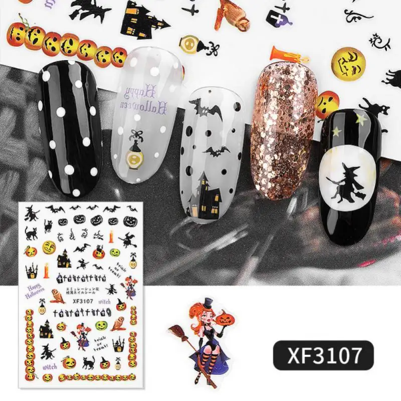 1/5PCS Pumpkin Halloween Nail Art Stickers Lantern Elf Witch Skeleton Vampire Halloween Nail Decals Waterproof Embossed Nail Sti