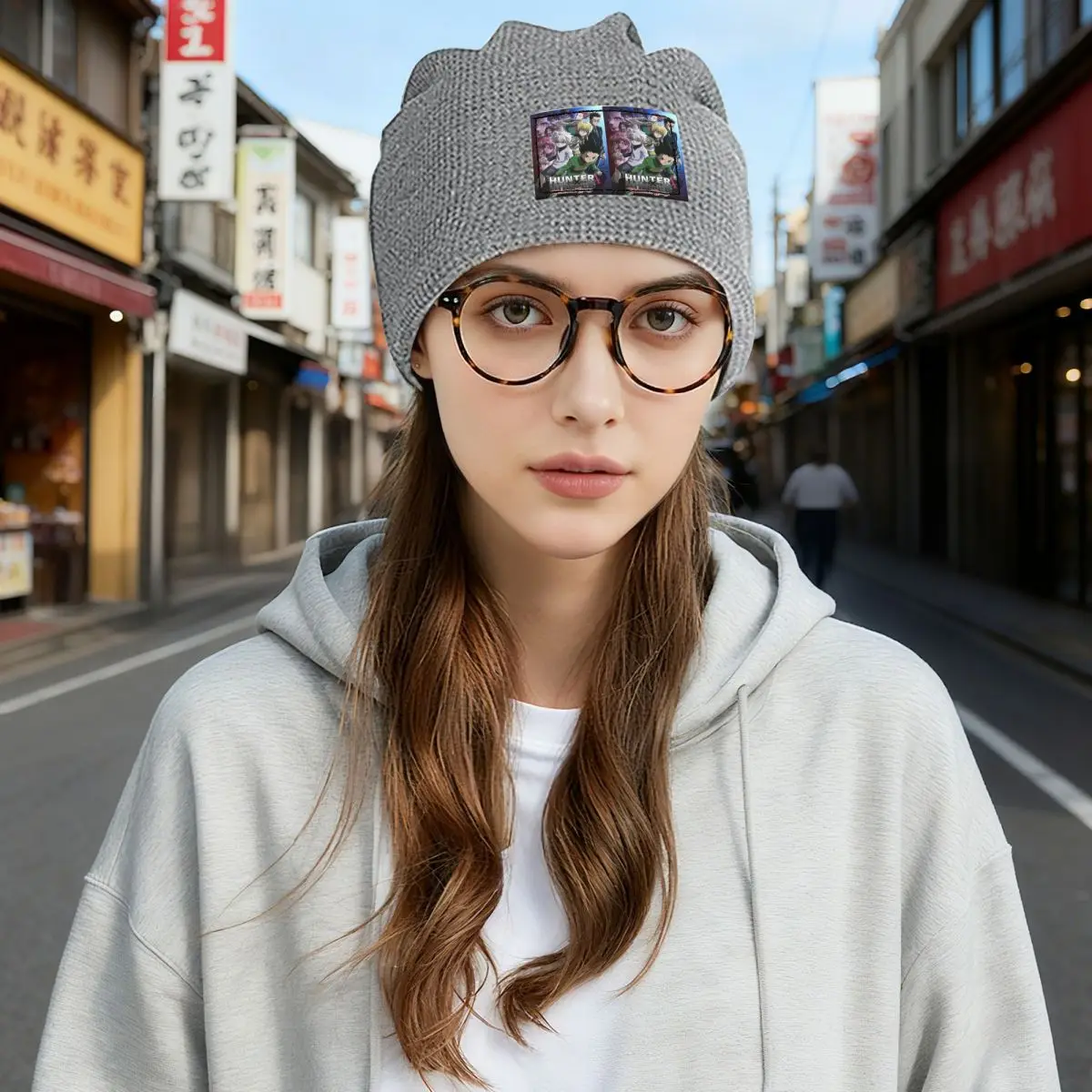 Anime HXH Hunter X Hunter Waffle Knit Fleece Lined Beanie with PU Leather Patch Unisex Warm Winter Soft Cap