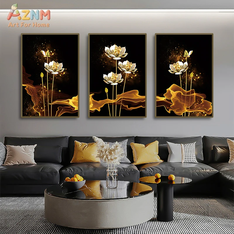 3PCS Luxury Black and Gold Lotus Flower Canvas Wall Art Prints Set, Modern Abstract Golden Floral Artwork Posters, No Frame Eleg