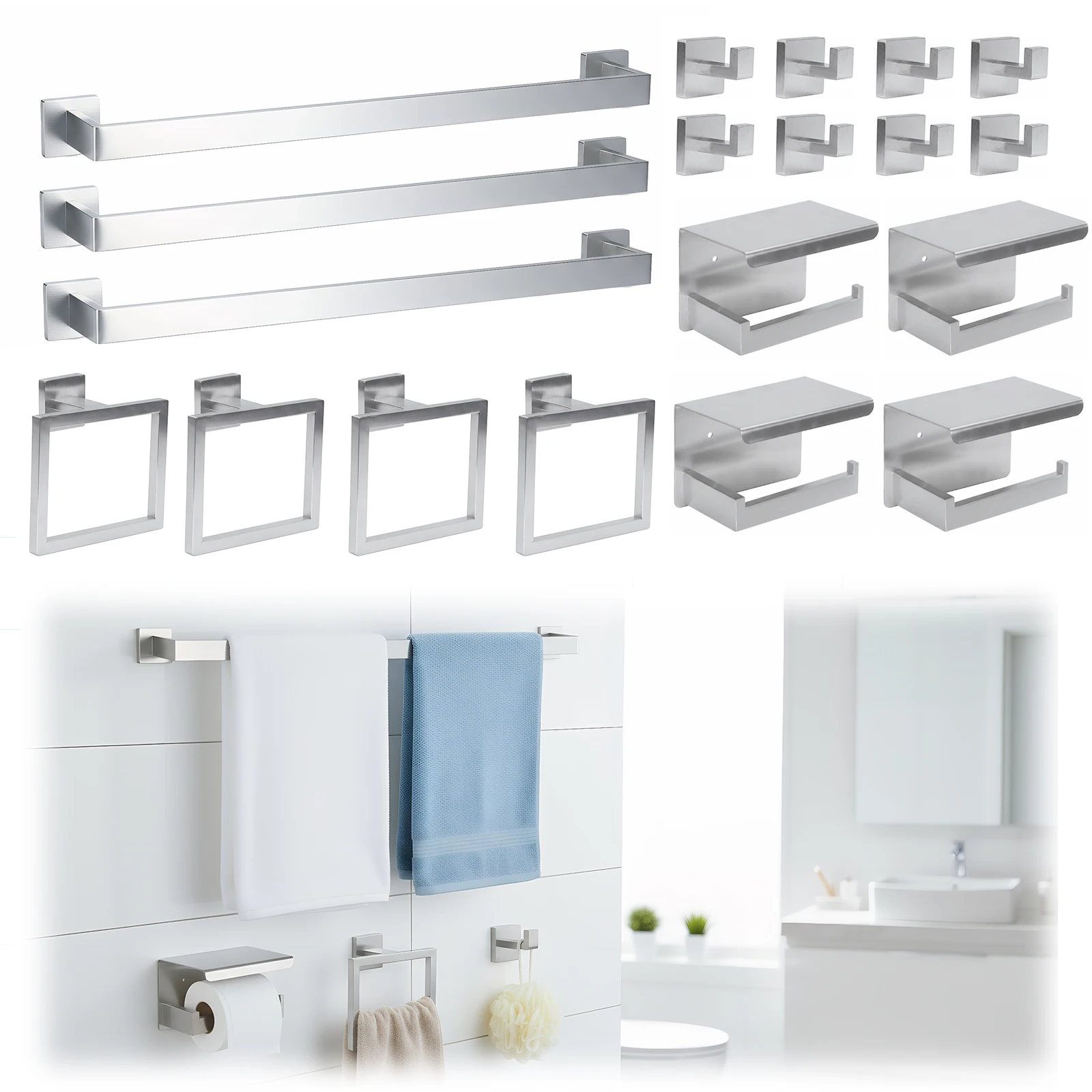 

Набор из 20 предметов для ванной комнаты из нержавеющей стали: настенные аксессуары, включая вешалку для полотенец, держатель для туалетной бумаги, кольцо для полотенец, крючок