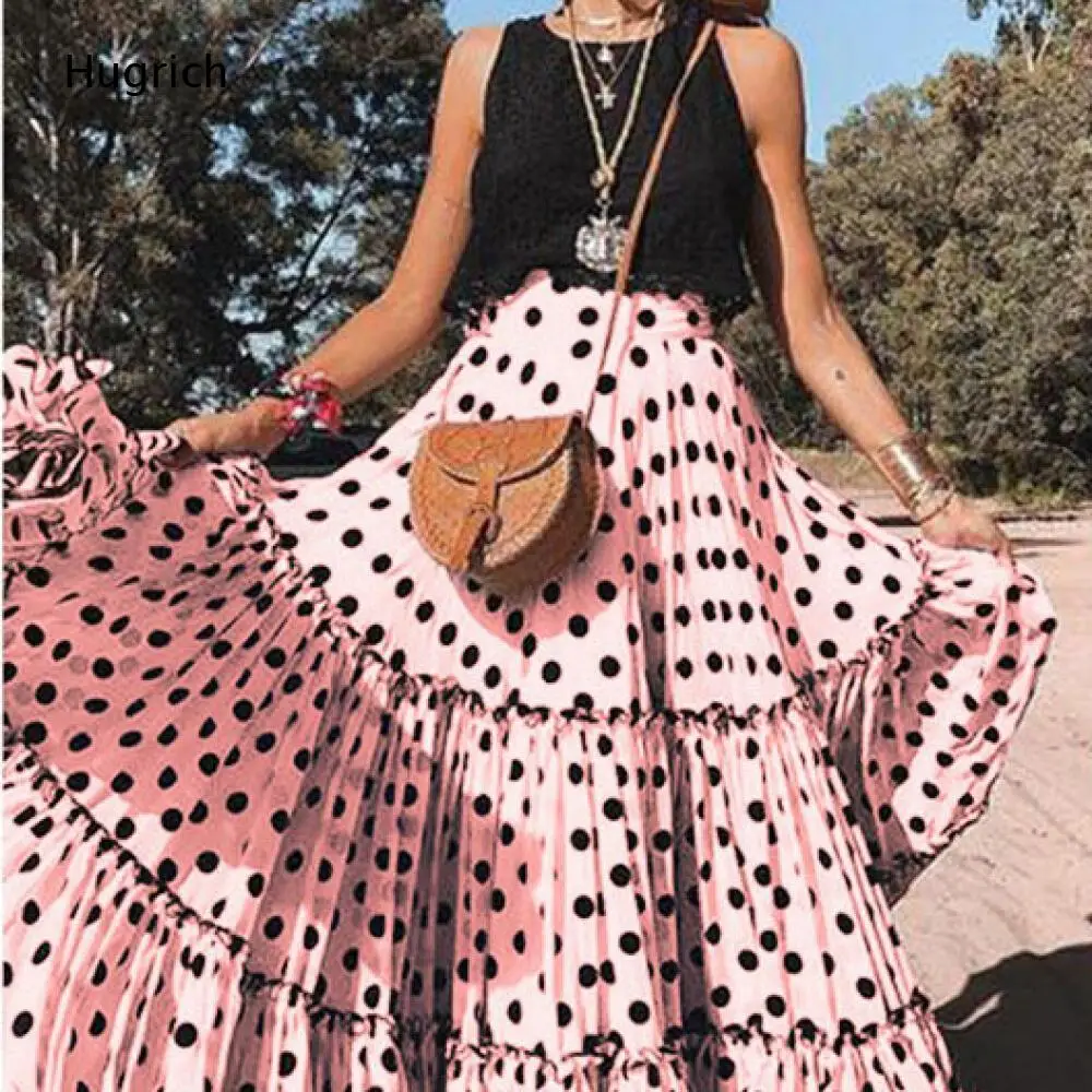 Elastic High Waist Polka Dot Pleated Ruffled Hem Flared Long Skirt Outdoor Travel Women Casual Skirt