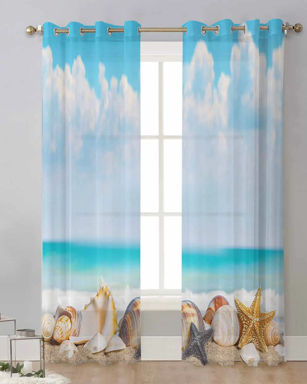 Summer Ocean Shell Conch Starfish Modern Tulle Curtains Voile Drapes Sheer Window Curtains Bedroom Accessories