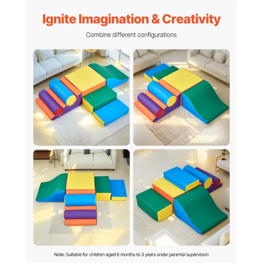 VEVOR Climbing Toys 7-Piece Set PU Leather Climbing Blocks for Toddlers 3 to 14 Years Old Indoor Crawl and Slide Activity Plays