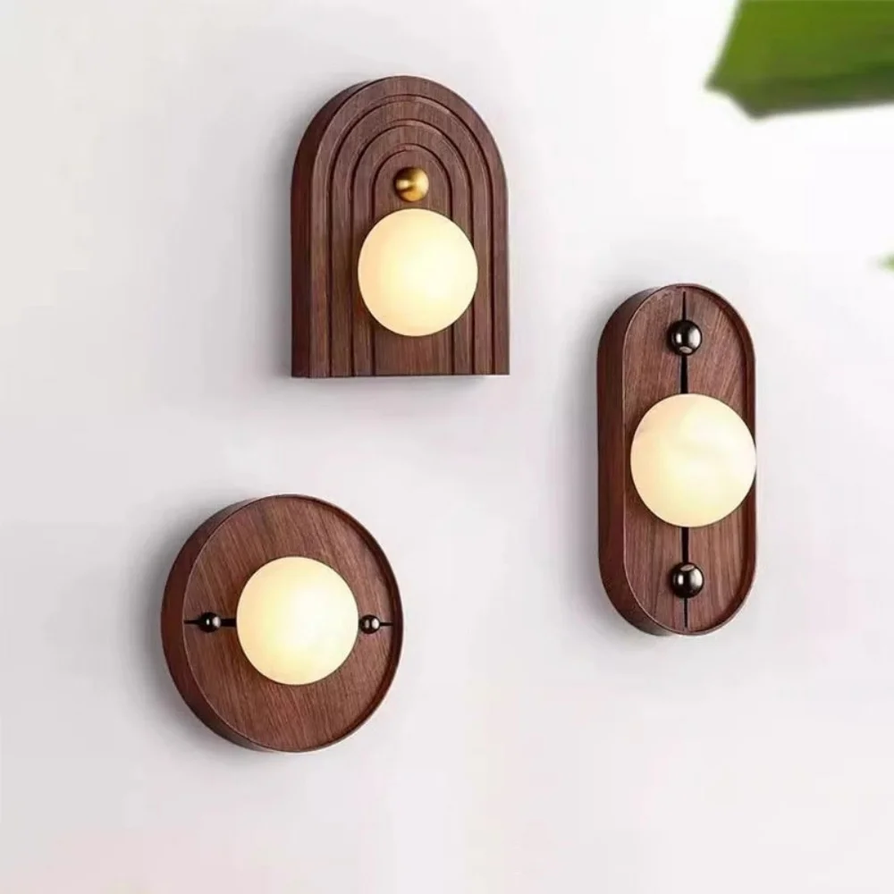 Retro Marble Wall Lamp Creative Design Walnut Wood Grain Wall Light Bedroom Bedside Foyer Corridor Balcony Decorative Wall Lamp