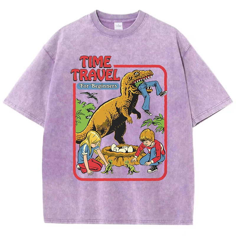 Stealing Dinosaur Baby Caught Washed Retro Men Tshirts Cotton Casual Short Sleeve Fashion Breathable Loose Oversized T-Shirt