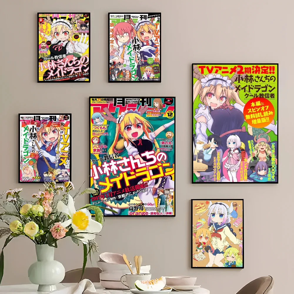 Miss Kobayashi's Dragon Maid Movie Sticky Posters Fancy Wall Sticker for Living Room Bar Decoration Vintage Decorative Painting