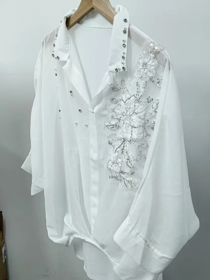 

Real Photos Flowers Beaded White Sunscreen Shirts Blouses for Women's Trend New Top Spring Summer 2026 Woman Clothing Blusas